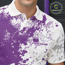 Load image into Gallery viewer, Close-up view of the left chest of a purple and white splatter bowling polo shirt showing abstract sporty bowling design detail.