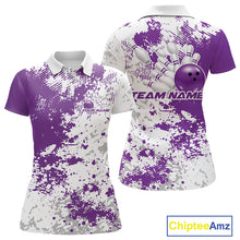 Load image into Gallery viewer, Womens polo shirt mockup front and back, white shirt with purple and white splatter background, minimal apparel presentation
