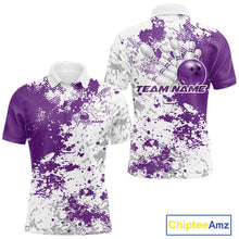 Load image into Gallery viewer, Front and back view of a mens bowling polo shirt mockup featuring purple and white splatter background with modern athletic bowling styling.