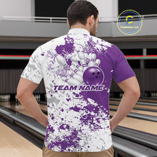 Load image into Gallery viewer, Male model in a bowling lane wearing purple and white quarter zip shirt, front view showcasing splatter pattern with clean abstract texture