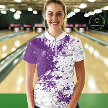 Load image into Gallery viewer, Front view of a female model in a bowling lane wearing a purple and white splatter bowling quarter-zip shirt with modern sporty graphics.