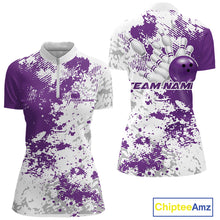Load image into Gallery viewer, Front and back view of a womens bowling quarter-zip shirt mockup showcasing a purple and white splatter background with energetic bowling-themed design accents.