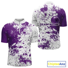 Load image into Gallery viewer, Mens quarter zip bowling shirt mockup displaying purple and white splatter background in a clean front and back presentation