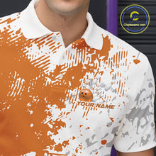 Load image into Gallery viewer, Close-up view of the left chest of an orange and white splatter bowling polo shirt featuring minimal abstract bowling design detail.