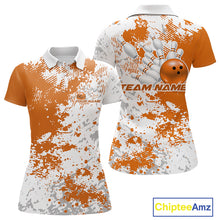 Load image into Gallery viewer, Womens polo shirt mockup front and back, white shirt with orange and white splatter background, clean apparel display