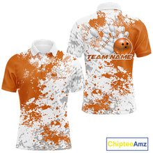 Load image into Gallery viewer, Front and back view of a mens bowling polo shirt mockup featuring orange and white splatter background with modern sporty styling.