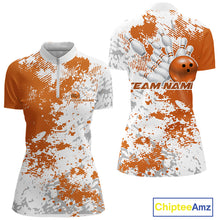 Load image into Gallery viewer, Front and back view of a womens bowling quarter-zip shirt mockup featuring an orange and white splatter background with bold sporty bowling-inspired graphics.