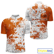 Load image into Gallery viewer, Mens quarter zip bowling shirt mockup displaying orange and white splatter background in a clean abstract bowling apparel design