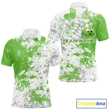 Load image into Gallery viewer, Front and back view of a mens bowling polo shirt mockup featuring green and white splatter background with clean sporty bowling-inspired graphics.