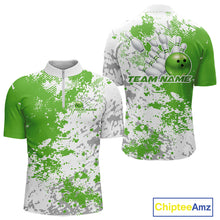Load image into Gallery viewer, Mens quarter zip bowling shirt mockup featuring green and white splatter background in a bold abstract sportswear design