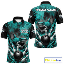 Load image into Gallery viewer, Teal and black polo shirt with shark design and 'Team Name' text on a white background