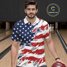 Load image into Gallery viewer, Man wearing a patriotic-themed polo shirt in a bowling alley with 'Chipteamz.com' logo.