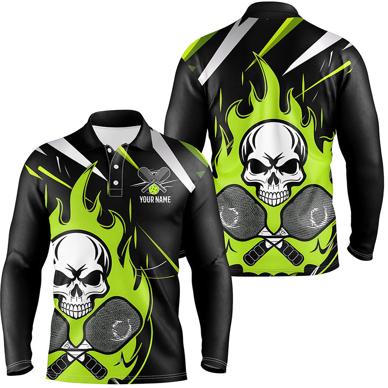 Custom Green Flame Pickleball Shirts For Men, Skull Pickleball Jerseys For Team IPHW6921