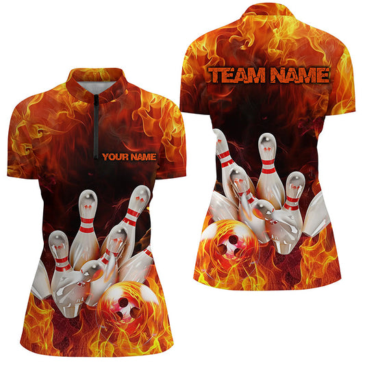 Custom Fire Strike Bowling Shirts For Women, Flame Bowling League Shirts Bowling Team IPHW7118