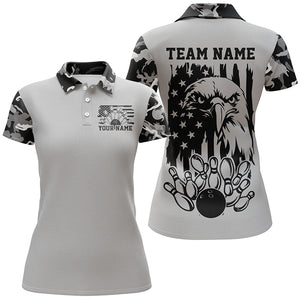 American Flag Eagle Custom Gray Camo Patriotic Bowling Shirts For Women, Us Bowling Shirt IPHW7944