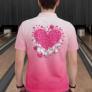 Custom Pink Bowling Heart Polo Shirts For Men, Valentine Bowling Couple Outfits IPHW8361