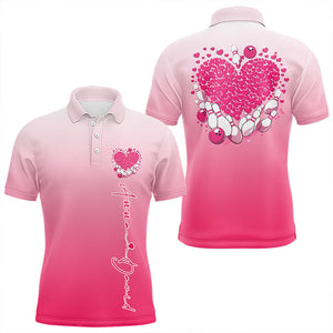 Custom Pink Bowling Heart Polo Shirts For Men, Valentine Bowling Couple Outfits IPHW8361