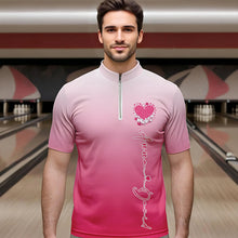 Load image into Gallery viewer, Custom Pink Bowling Heart Quarter-Zip Shirts For Men, Valentine Bowling Couple Outfits IPHW8361