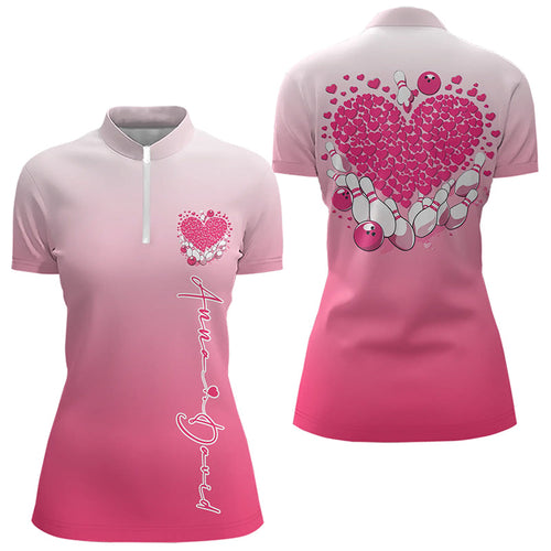 Custom Pink Bowling Heart Quarter-Zip Shirts For Women, Valentine Bowling Couple Outfits IPHW8361