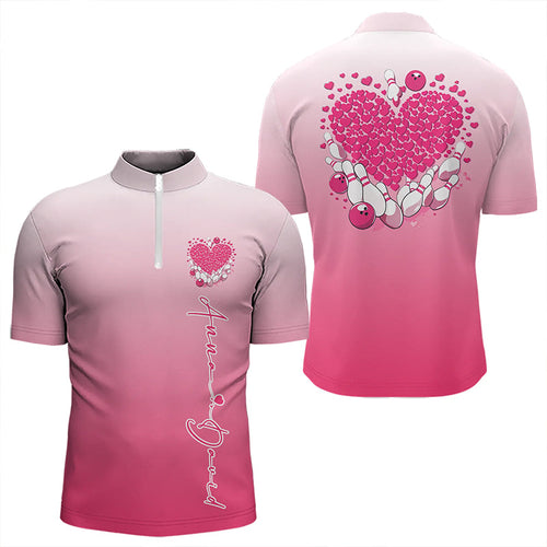 Custom Pink Bowling Heart Quarter-Zip Shirts For Men, Valentine Bowling Couple Outfits IPHW8361