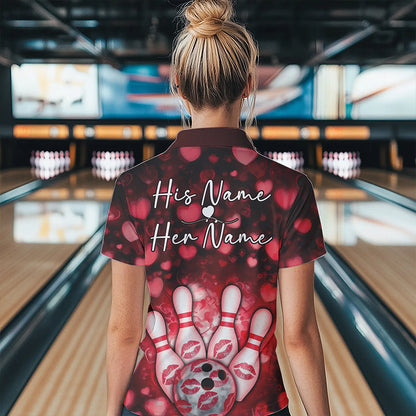 Black And Red Heart Theme Custom Valentines Bowling Womens Quarter-Zip Shirt, Bowling Couple IPHW8364