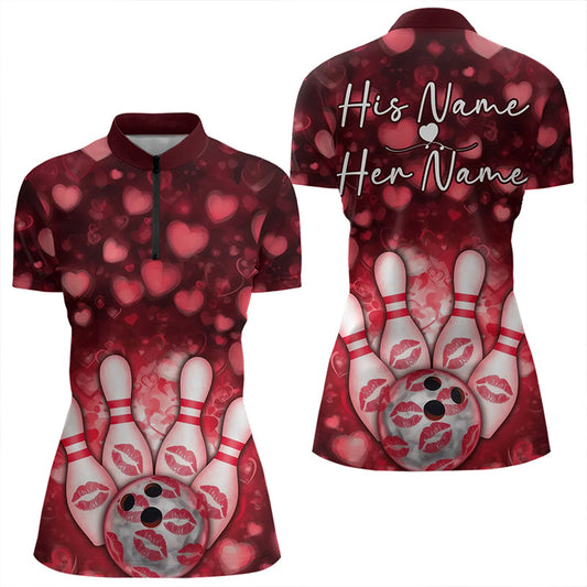 Black And Red Heart Theme Custom Valentines Bowling Womens Quarter-Zip Shirt, Bowling Couple IPHW8364