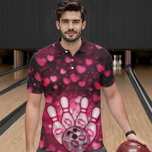 Load image into Gallery viewer, Black And Pink Heart Custom Valentines Bowling Polo Shirt For Men, Bowling Couple Outfit IPHW8365