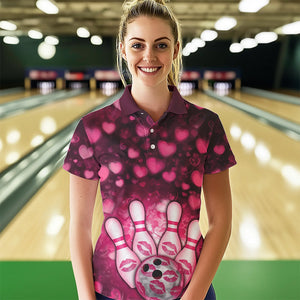 Black And Pink Heart Custom Valentines Bowling Polo Shirt For Women, Bowling Couple Outfit IPHW8365