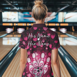 Black And Pink Heart Custom Valentines Bowling Polo Shirt For Women, Bowling Couple Outfit IPHW8365