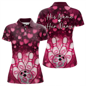 Black And Pink Heart Custom Valentines Bowling Polo Shirt For Women, Bowling Couple Outfit IPHW8365