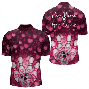 Black And Pink Heart Custom Valentines Bowling Quarter-Zip Shirt For Men, Bowling Couple Outfit IPHW8365