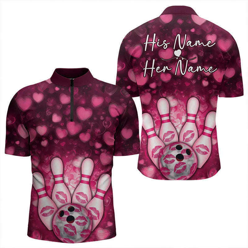 Black And Pink Heart Custom Valentines Bowling Quarter-Zip Shirt For Men, Bowling Couple Outfit IPHW8365