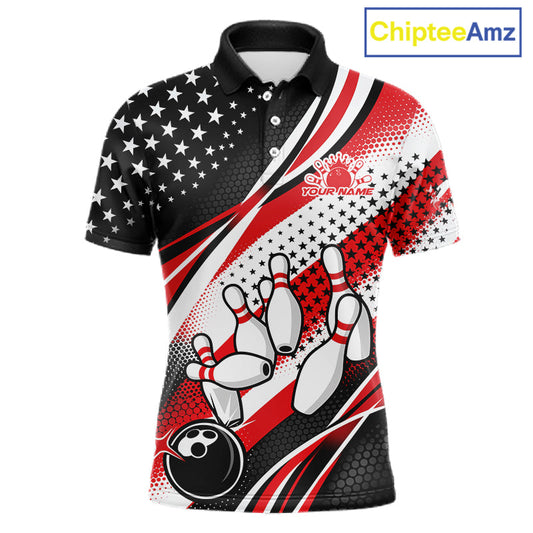 Custom Black And Red American Flag Patriotic Bowling Shirts, US Flag Bowling League Shirt Bowlers Outfit IPHW10448