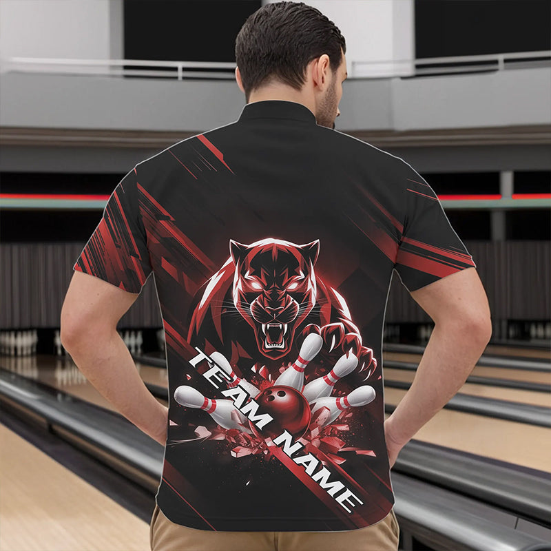 Custom Black And Red Panther Bowling Quarter-Zip Shirts For Men, Bowling Team Uniform IPHW8564