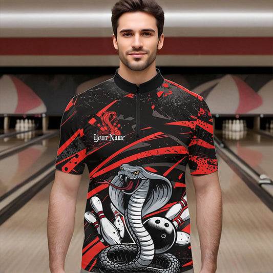 Custom Black And Red Cobra Snake Bowling Team Quarter-Zip Shirts For Men, Bowling League Shirts IPHW8565