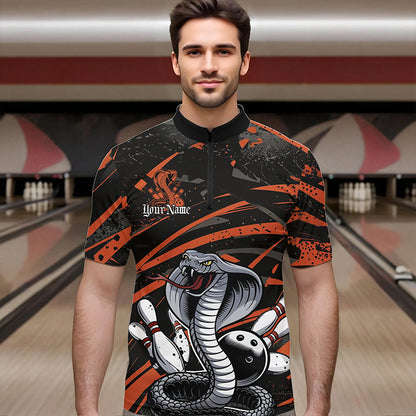 Custom Black And Orange Cobra Snake Bowling Team Quarter-Zip Shirts For Men, Bowling League Shirts IPHW8567