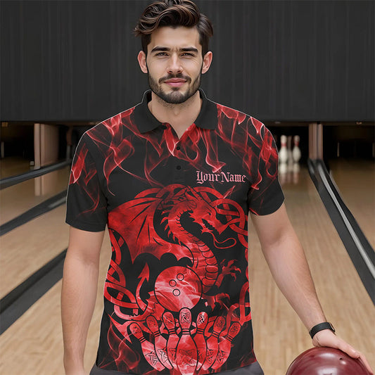 Custom Red Fire Flame Viking Dragon Bowling Polo Team Shirts For Men, Celtic Bowling Shirts IPHW8873