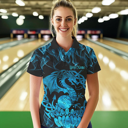 Custom Blue Fire Flame Viking Dragon Bowling Women Polo Team Shirts, Celtic Bowling Shirt IPHW8874
