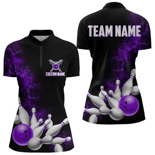 Custom Purple Strike Bowling Women Quarter-Zip Shirts Team Jerseys Bowling League Shirts IPHW8879
