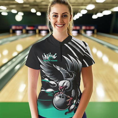 Custom Black And Blue Eagle Bowling Jerseys, Bowling Team Women Quarter-Zip Shirts IPHW8887