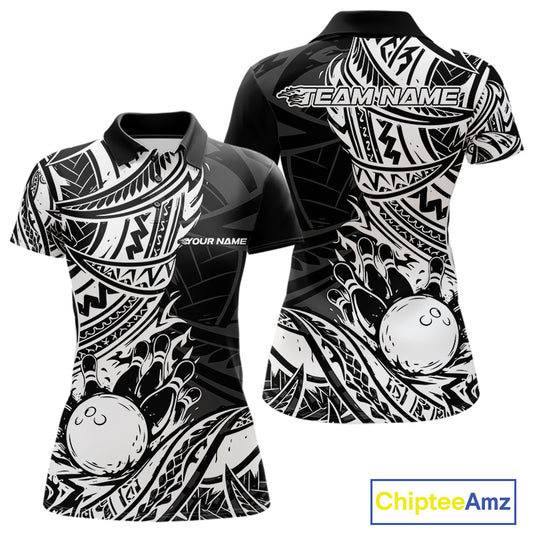 Custom Black And White Maori Style Koru Spiral Tribal Women Bowling Polo Team Shirt IPHW10955