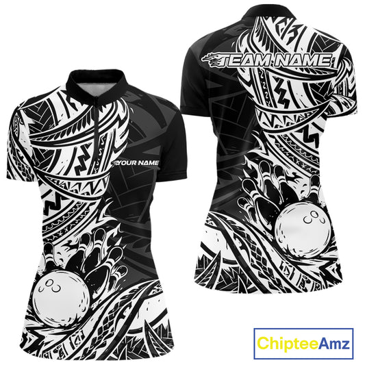 Custom Black And White Maori Style Koru Spiral Tribal Women Bowling Quarter-Zip Shirt IPHW10955