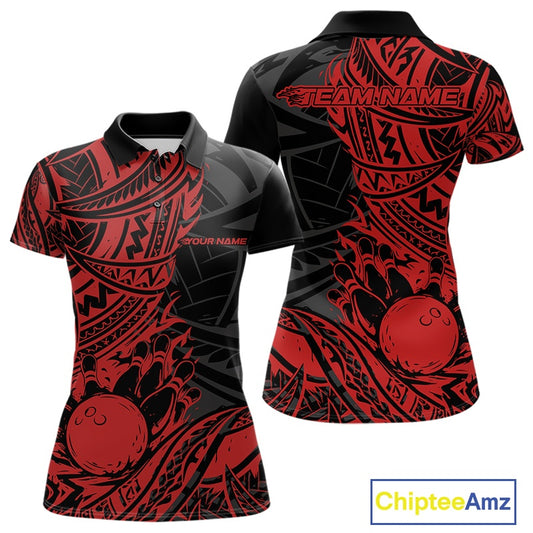 Custom Black And Red Maori Style Koru Spiral Tribal Women Bowling Polo Team Shirt IPHW10956