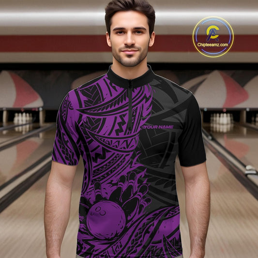 Custom Black And Purple Maori Style Koru Spiral Tribal Men Bowling Quarter-Zip Team Shirt IPHW10959