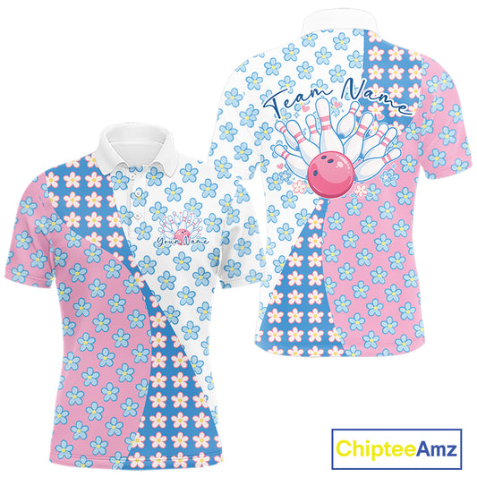 Front and back view of a mens bowling polo shirt mockup featuring a white, blue and pink floral pattern with soft decorative sportswear styling.