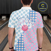 Load image into Gallery viewer, Back view of a male model in a bowling lane wearing a white polo shirt featuring white, blue and pink floral pattern with clean athletic styling.
