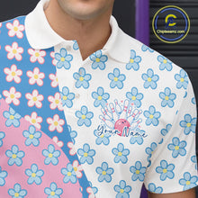 Load image into Gallery viewer, Close-up view of the left chest of a white bowling polo shirt showing white, blue and pink floral pattern with detailed decorative design.
