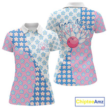 Load image into Gallery viewer, Front and back womens polo shirt mockup, white shirt with white, blue and pink floral pattern, elegant apparel presentation