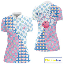 Load image into Gallery viewer, Front and back view of a womens bowling quarter-zip shirt mockup in white, featuring a white, blue and pink floral pattern with soft decorative graphics.