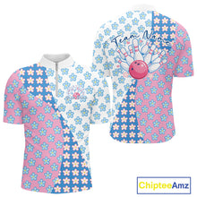 Load image into Gallery viewer, Mens quarter zip bowling shirt mockup showcasing white, blue, and pink floral pattern in a clean front and back presentation